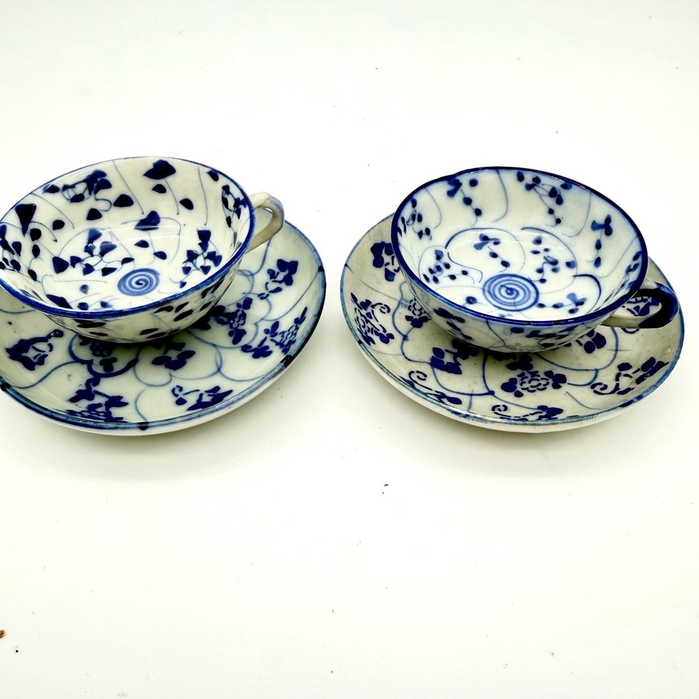 Antique Chinese Guangxu Period Blue & White Porcelain Demitasse Teacups Saucers‎